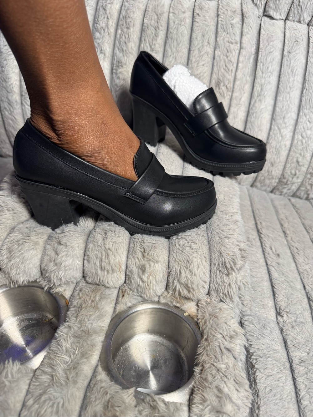 Black Platform Penny-Loafer Heels for Women